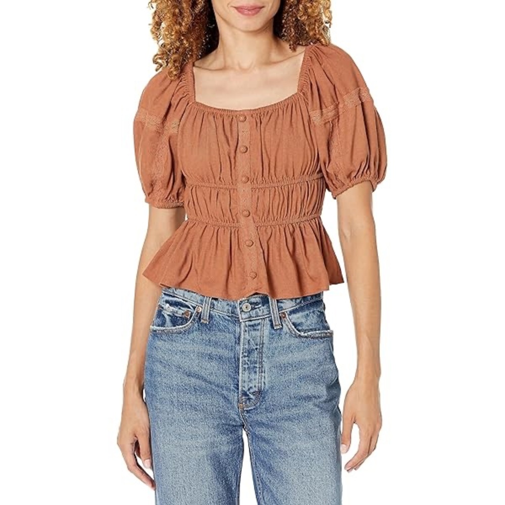 Moon River Rust Brown Square-Neck Puff Sleeve Peplum Top